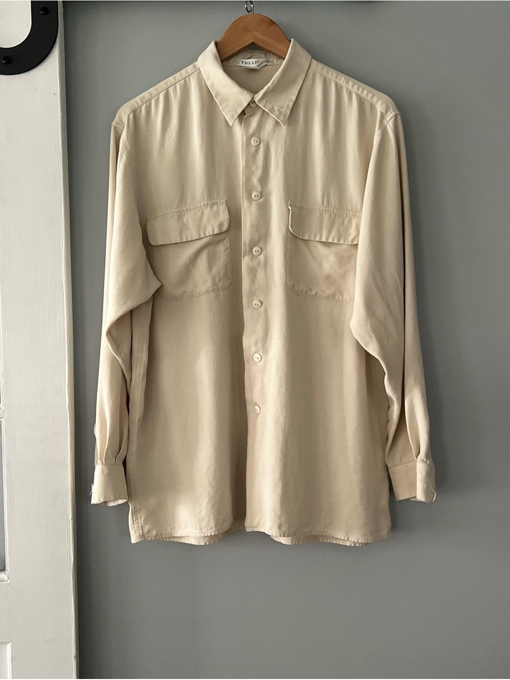 Vintage Tulliano Men’s Large 100% Silk Cream Button Up Long Sleeve Shirt Basic